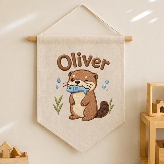 Personalized Otter Embroidered Name Banner, River Animal Nursery Wall Hanging