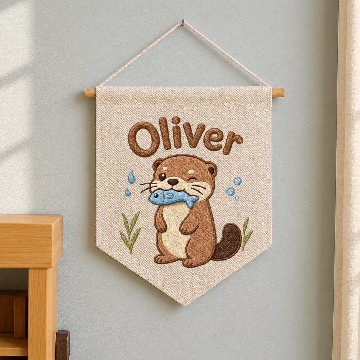 Personalized Otter Embroidered Name Banner, River Animal Nursery Wall Hanging