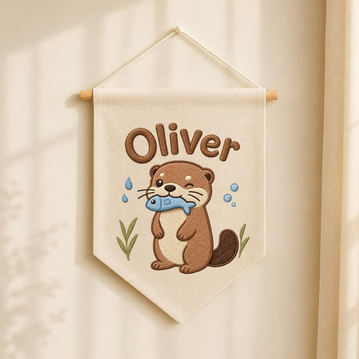 Personalized Otter Embroidered Name Banner, River Animal Nursery Wall Hanging