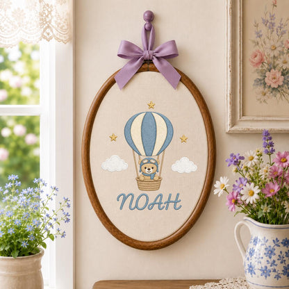 Personalized Embroidered Hoop Art, Hot Air Balloon Nursery Decor, Teddy Bear Aviator Wall Hanging