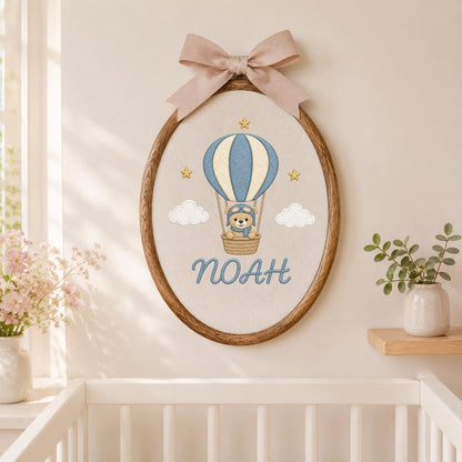 Personalized Embroidered Hoop Art, Hot Air Balloon Nursery Decor, Teddy Bear Aviator Wall Hanging