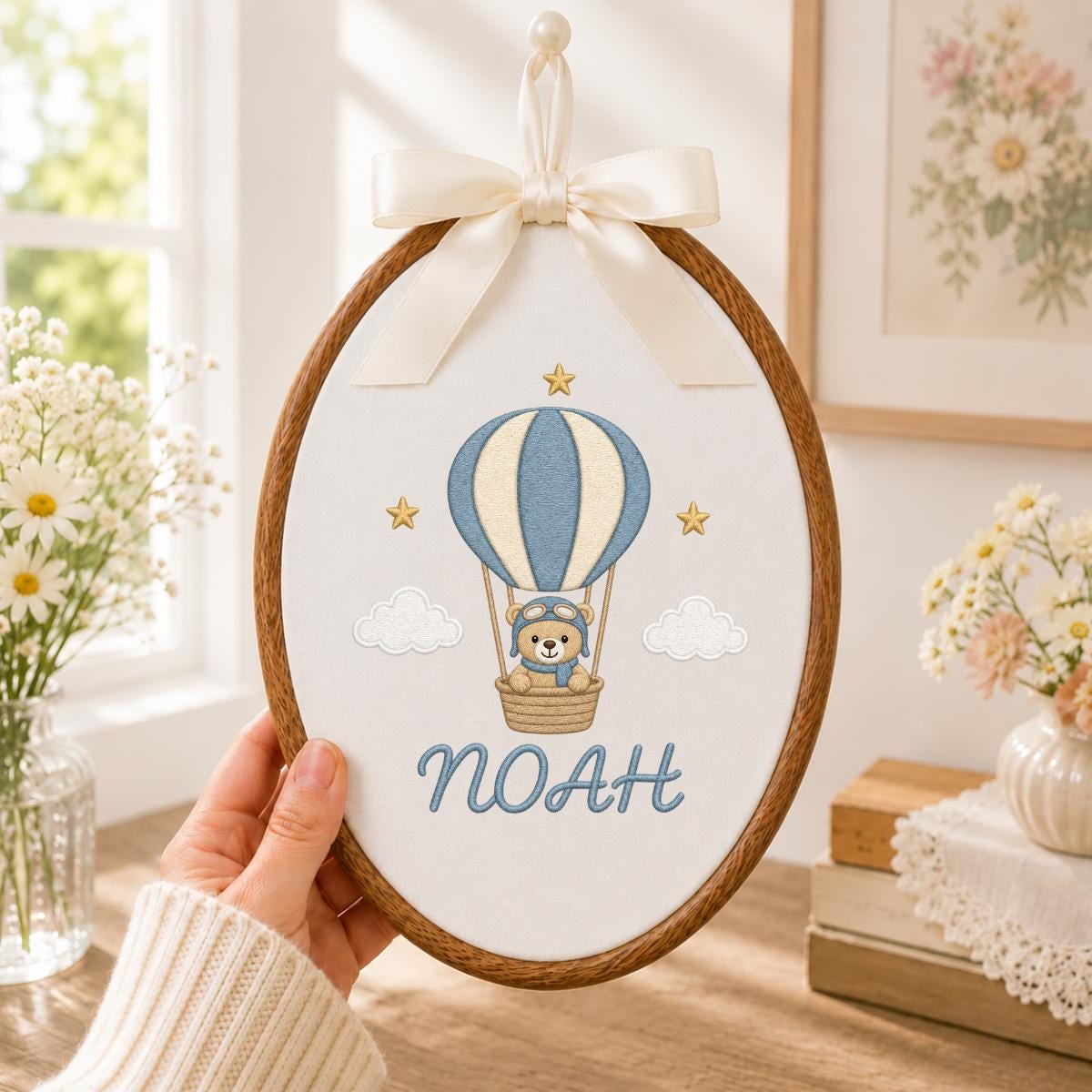 Personalized Embroidered Hoop Art, Hot Air Balloon Nursery Decor, Teddy Bear Aviator Wall Hanging