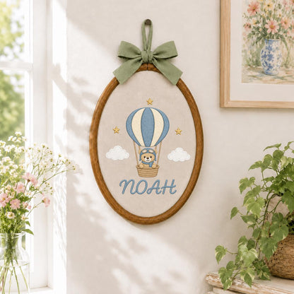 Personalized Embroidered Hoop Art, Hot Air Balloon Nursery Decor, Teddy Bear Aviator Wall Hanging