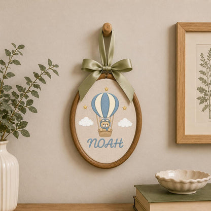 Personalized Embroidered Hoop Art, Hot Air Balloon Nursery Decor, Teddy Bear Aviator Wall Hanging