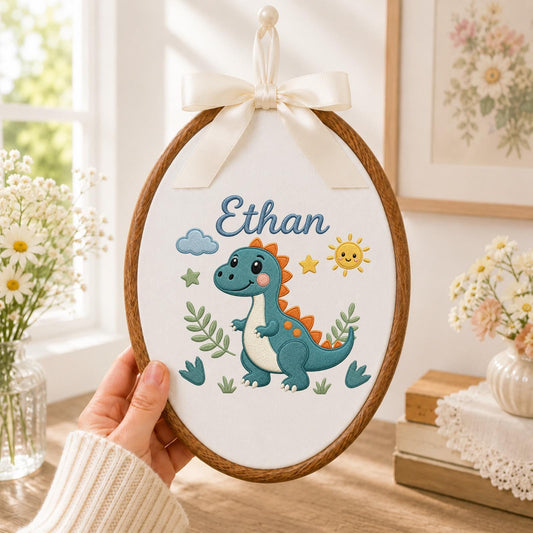 Personalized Embroidered Ornament, Dinosaur Name Hoop, Custom Baby Boy Nursery Decor, Cute Dino Baby Shower Gift, Newborn Keepsake