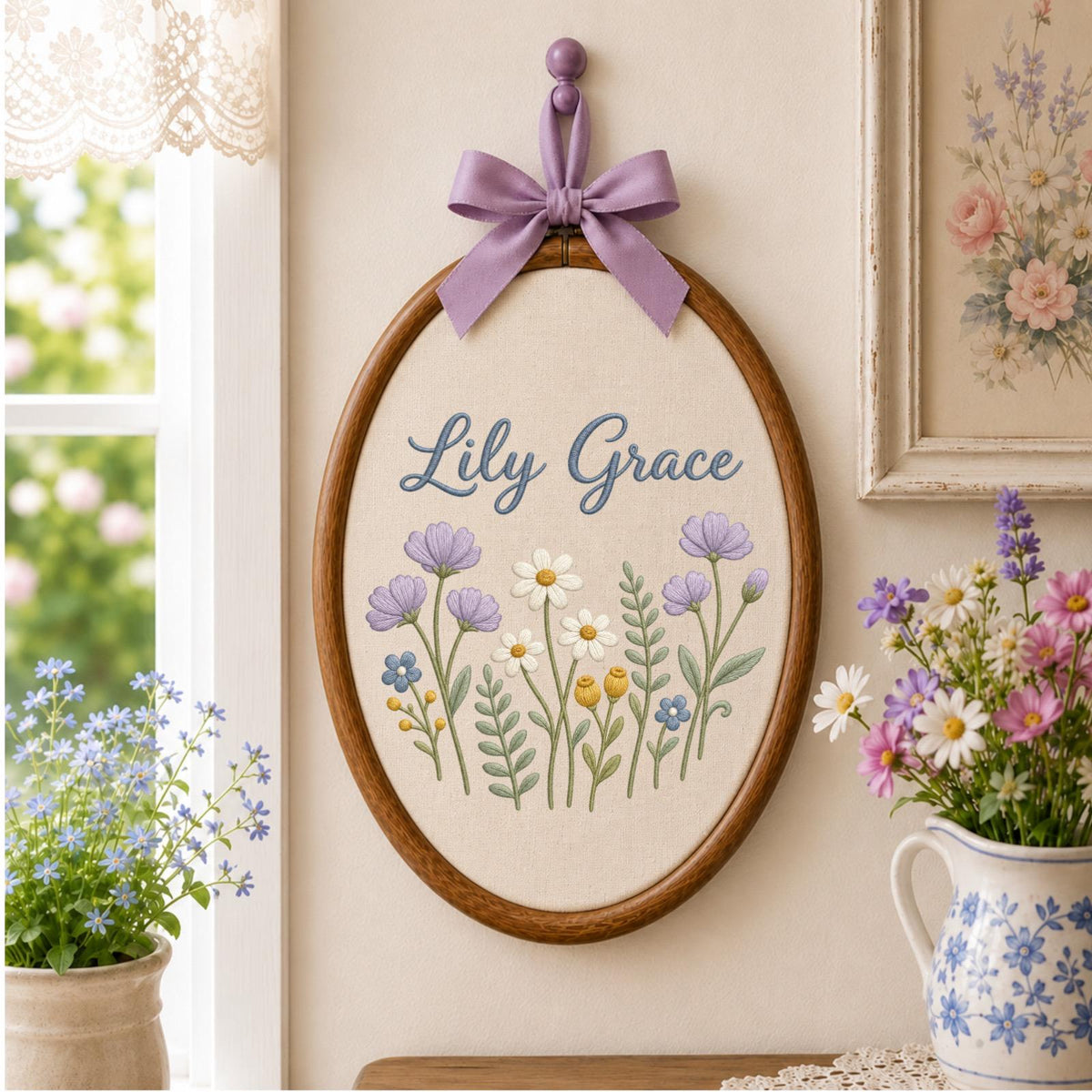 Personalized Embroidered Ornament, Floral Name Hoop, Custom Baby Girl Nursery Decor, Wildflower Wall Art, Newborn Baby Shower Gift