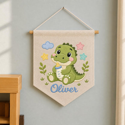 Personalized Embroidered Dinosaur Wall Hanging Banner, Custom Baby Name Sign, Baby Boy Nursery Decor, Newborn Gift, Kids Room Decor
