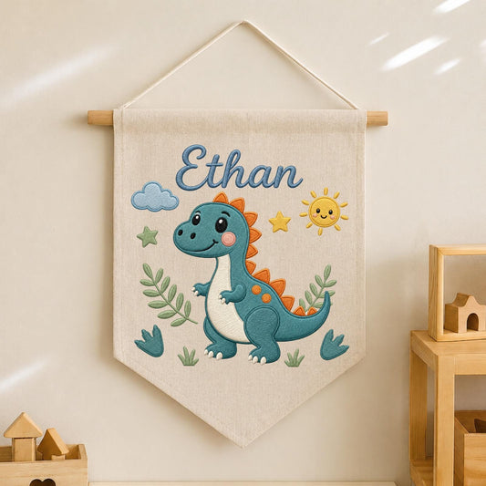 Personalized Embroidered Dinosaur Wall Hanging Banner, Custom Baby Name Sign, Dinosaur Nursery Decor, Baby Boy Gift, Kids Room Decor