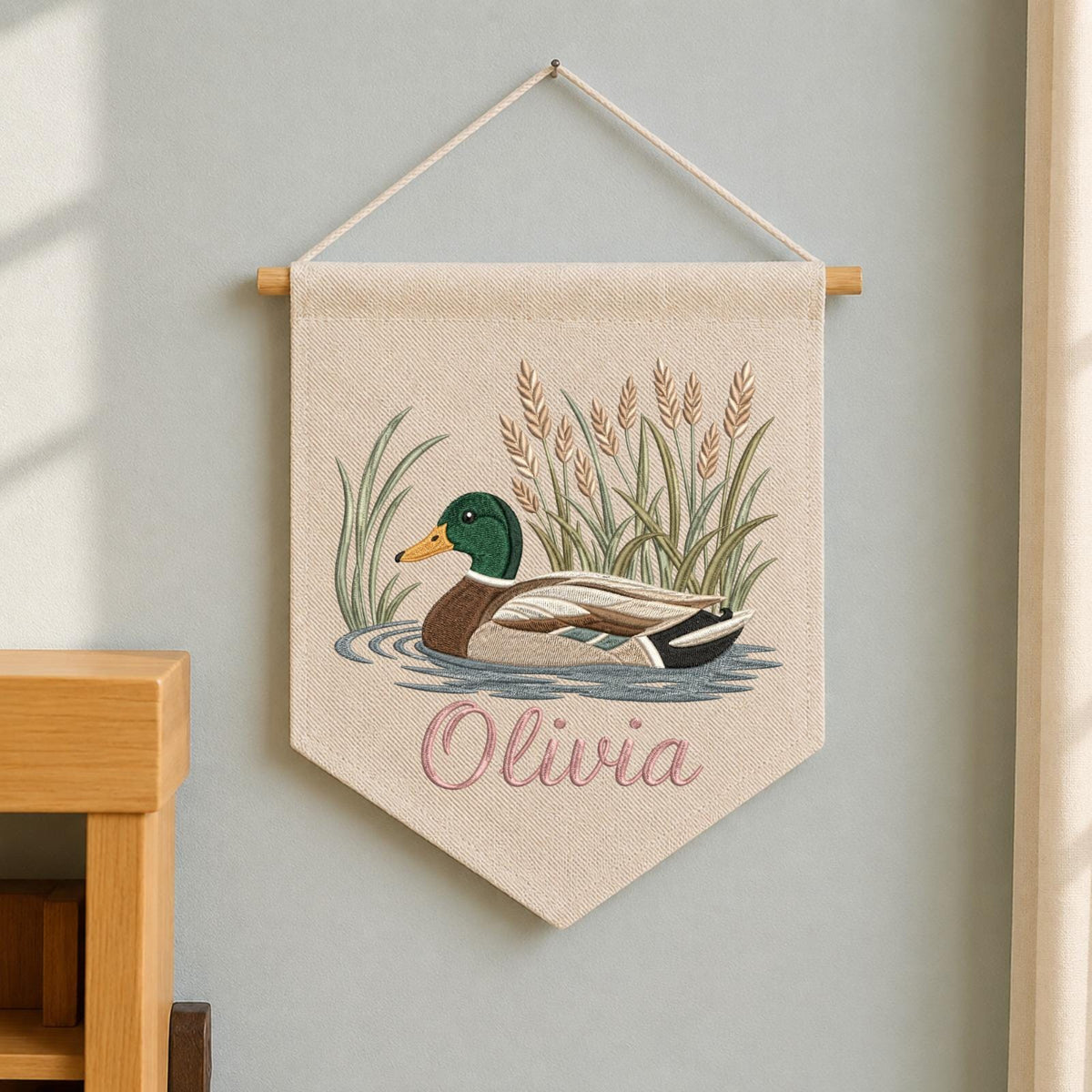 Personalized Embroidered Mallard Duck Wall Hanging Banner, Custom Baby Name Sign, Woodland Nursery Decor, Baby Shower Gift