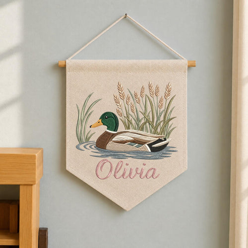 Personalized Embroidered Mallard Duck Wall Hanging Banner, Custom Baby Name Sign, Woodland Nursery Decor, Baby Shower Gift