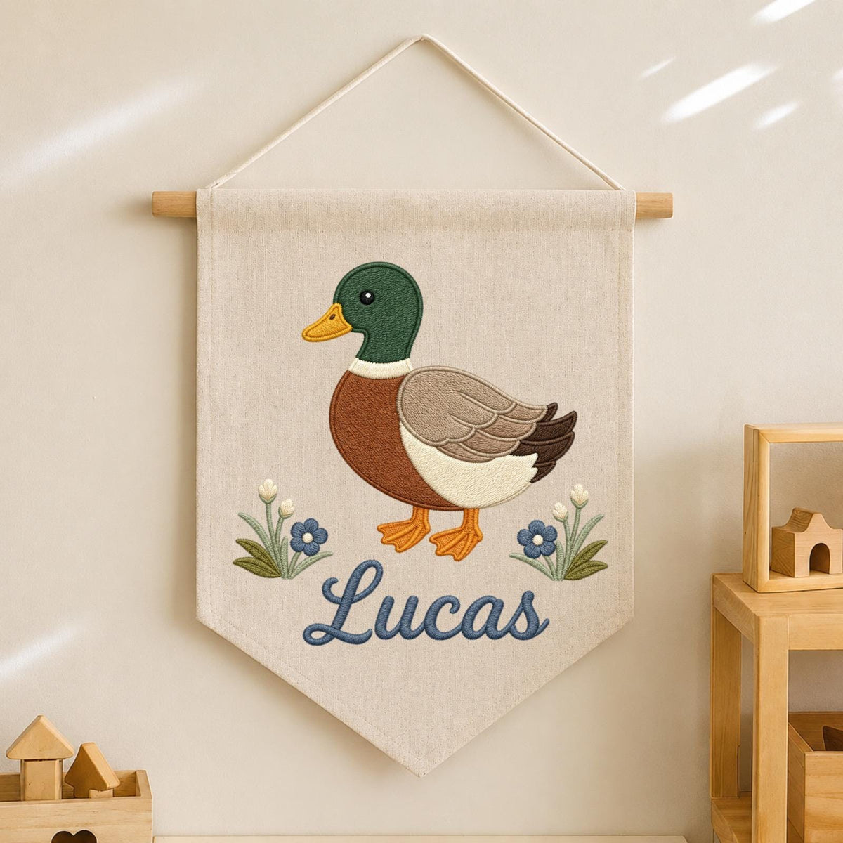 Personalized Embroidered Mallard Duck Wall Hanging Banner, Custom Baby Name Sign, Woodland Nursery Decor, Baby Shower Gift