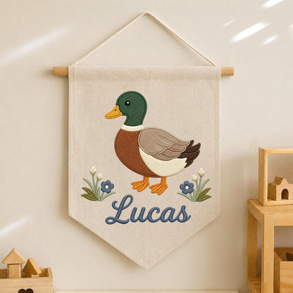 Personalized Embroidered Mallard Duck Wall Hanging Banner, Custom Baby Name Sign, Woodland Nursery Decor, Baby Shower Gift