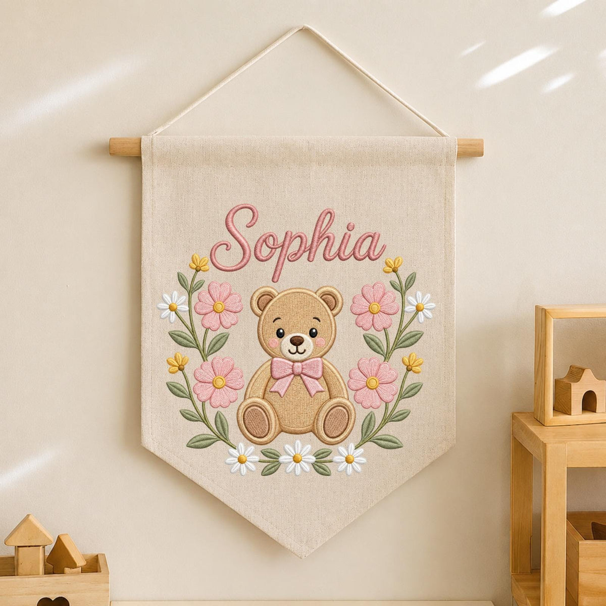 Personalized Embroidered Teddy Bear Wall Hanging Banner, Custom Baby Name Sign, Floral Girl Nursery Decor, Baby Shower Gift