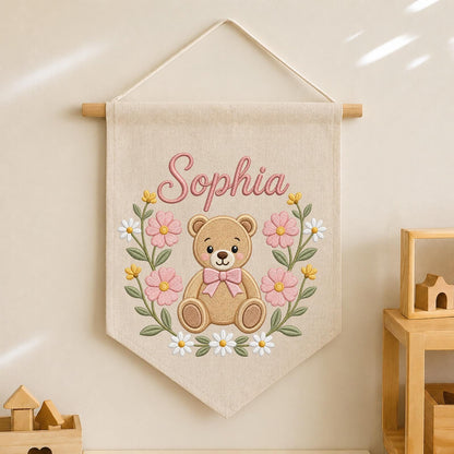 Personalized Embroidered Teddy Bear Wall Hanging Banner, Custom Baby Name Sign, Floral Girl Nursery Decor, Baby Shower Gift