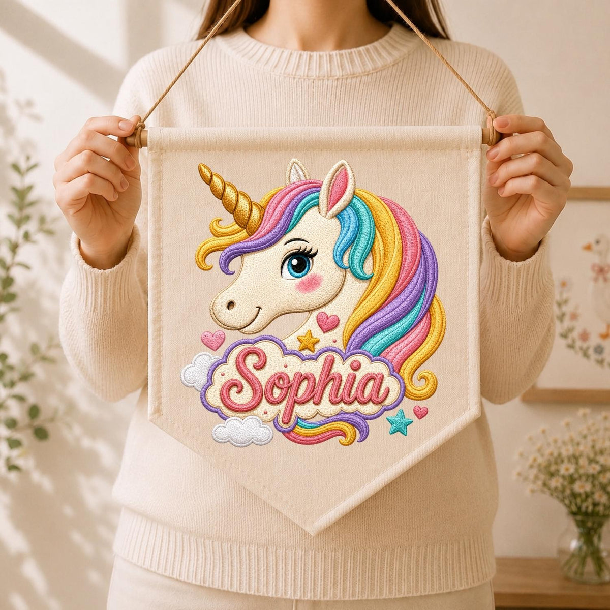 May include: A cream-colored fabric wall banner featuring an embroidered unicorn head with a gold horn and a multi-colored mane in shades of pink, yellow, and blue. Below the unicorn, the name Sophia is embroidered in pink script on a cloud.