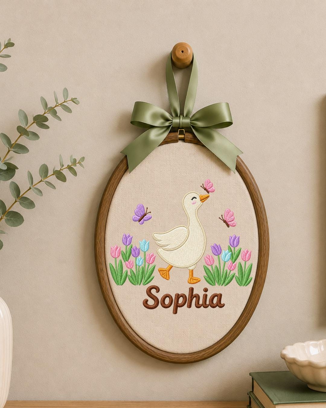 Personalized Embroidered Goose Ornament, Custom Baby Name Hoop, Tulip Butterfly Nursery Decor, Spring Baby Girl Gift, Newborn Keepsake