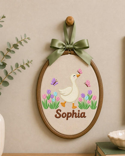 Personalized Embroidered Goose Ornament, Custom Baby Name Hoop, Tulip Butterfly Nursery Decor, Spring Baby Girl Gift, Newborn Keepsake