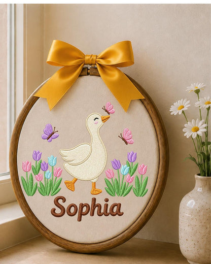 Personalized Embroidered Goose Ornament, Custom Baby Name Hoop, Tulip Butterfly Nursery Decor, Spring Baby Girl Gift, Newborn Keepsake