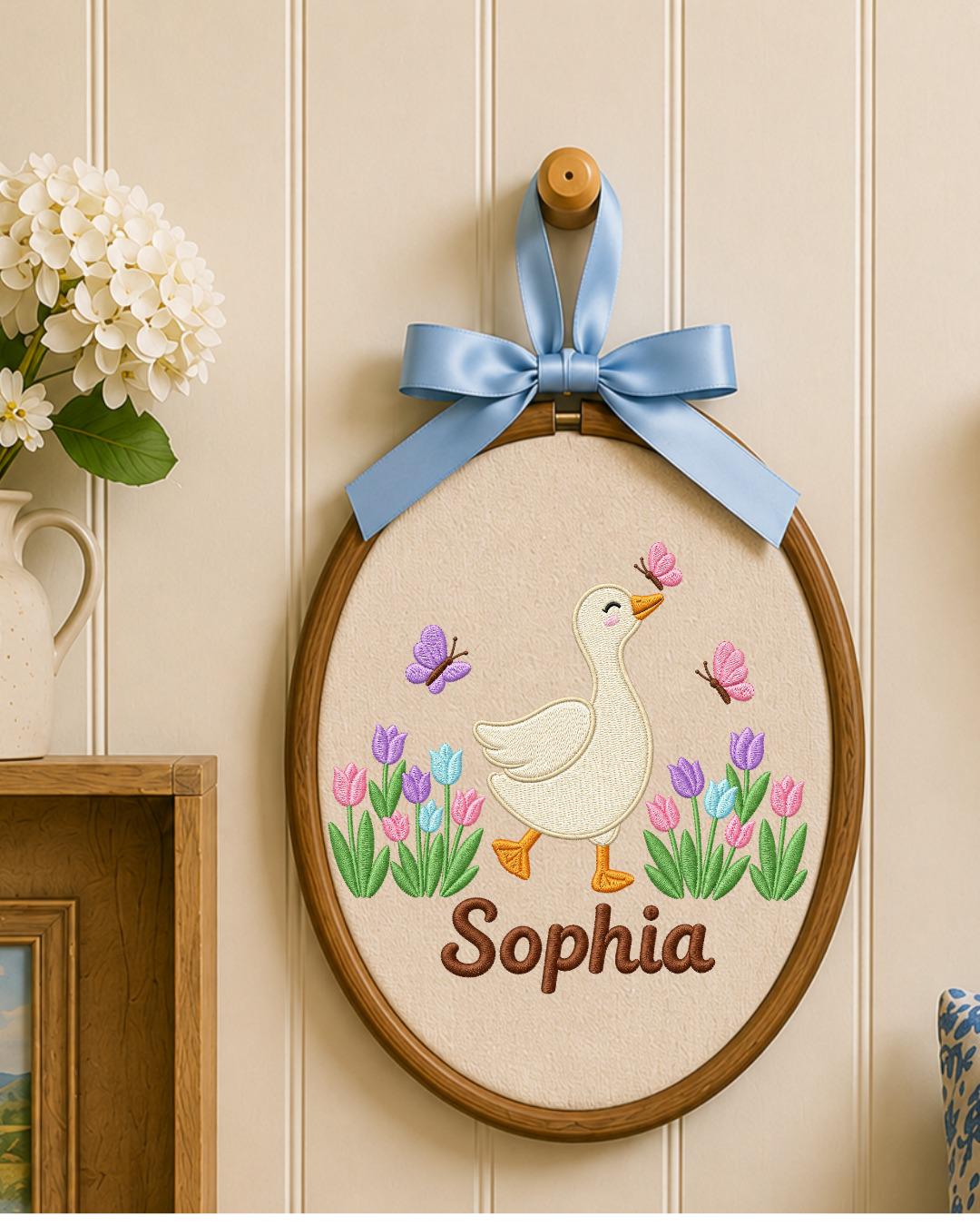 Personalized Embroidered Goose Ornament, Custom Baby Name Hoop, Tulip Butterfly Nursery Decor, Spring Baby Girl Gift, Newborn Keepsake