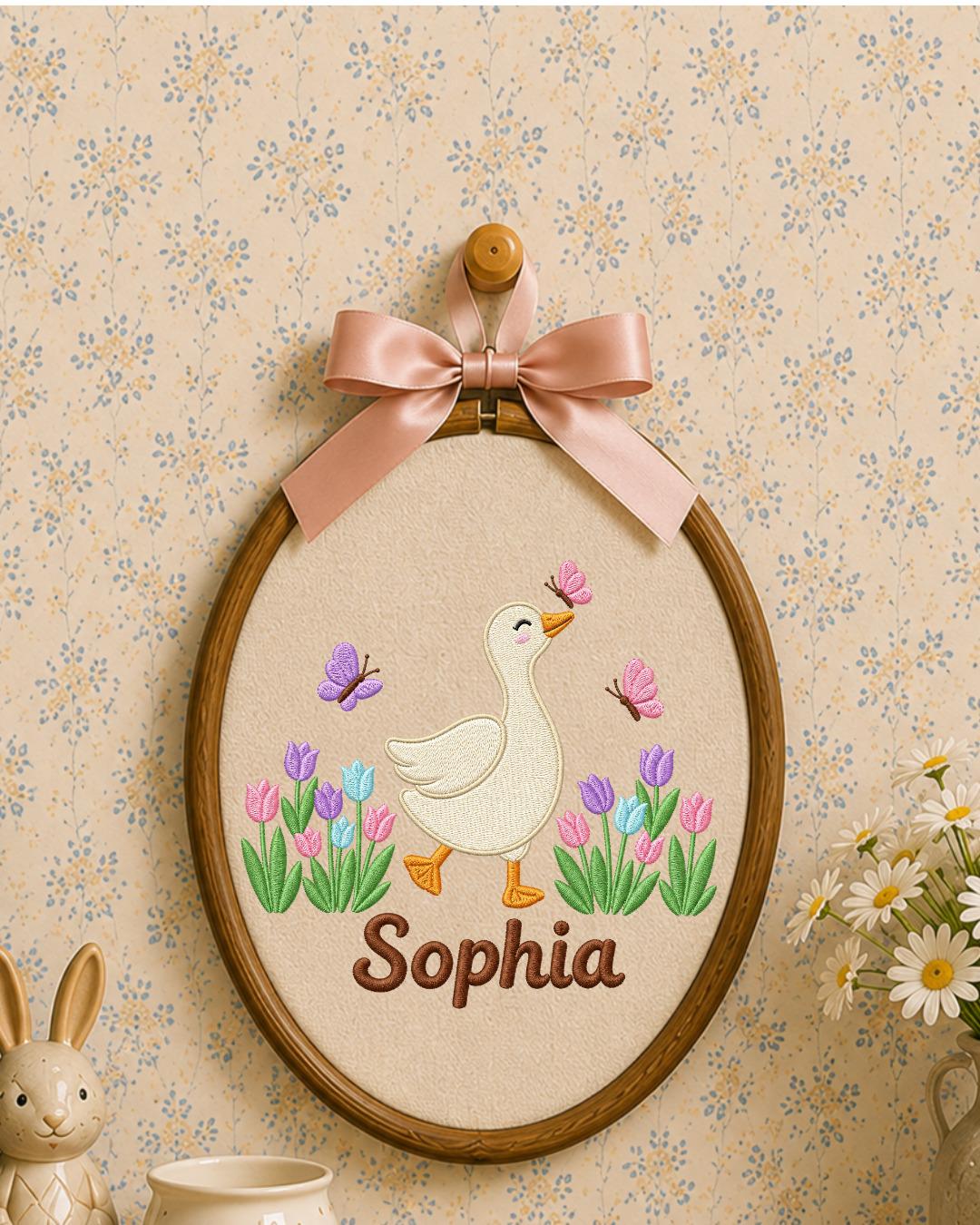 Personalized Embroidered Goose Ornament, Custom Baby Name Hoop, Tulip Butterfly Nursery Decor, Spring Baby Girl Gift, Newborn Keepsake