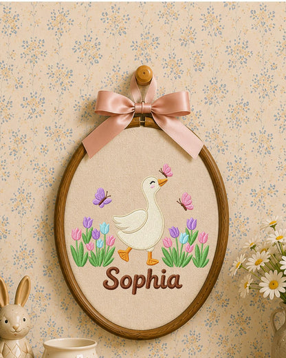 Personalized Embroidered Goose Ornament, Custom Baby Name Hoop, Tulip Butterfly Nursery Decor, Spring Baby Girl Gift, Newborn Keepsake