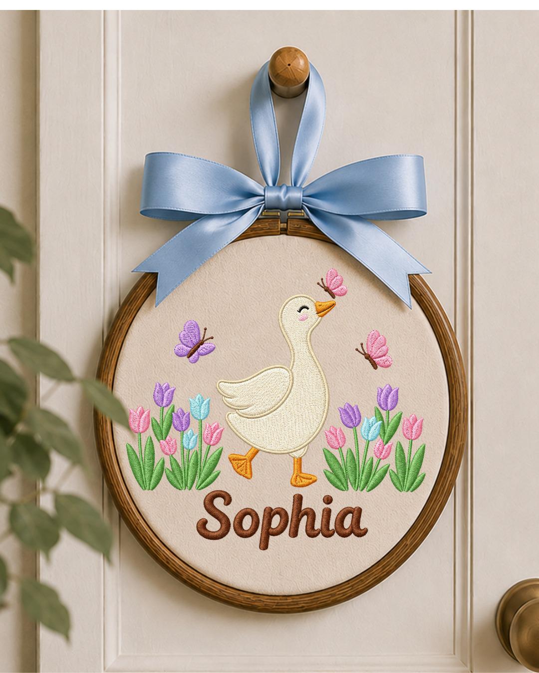 Personalized Embroidered Goose Ornament, Custom Baby Name Hoop, Tulip Butterfly Nursery Decor, Spring Baby Girl Gift, Newborn Keepsake