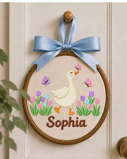 Personalized Embroidered Goose Ornament, Custom Baby Name Hoop, Tulip Butterfly Nursery Decor, Spring Baby Girl Gift, Newborn Keepsake