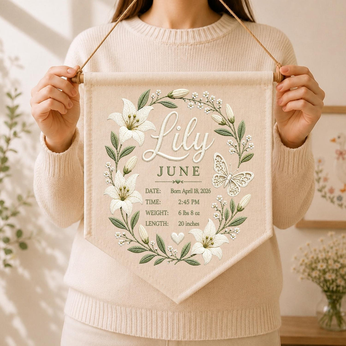May include: A beige fabric wall banner featuring a floral wreath of white lilies and green leaves surrounding the name Lily, the month June, and birth details: Born April 18, 2026, 2:45 PM, 6 lbs 8 oz, and 20 inches, with a butterfly and heart.