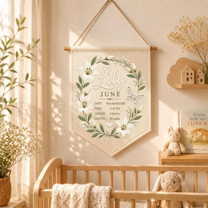 May include: A beige fabric wall hanging banner featuring a floral wreath of white lilies and green leaves surrounding the name Lily, the month June, and birth details: April 18, 2026, 2:45 PM, 6 lbs 8 oz, and 20 inches in length.