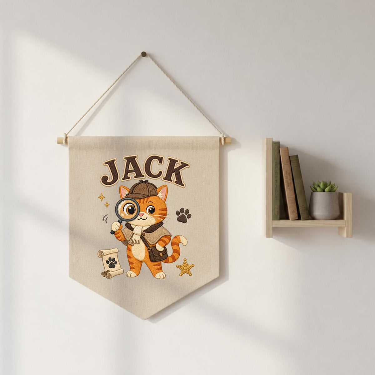 Personalized Detective Cat Linen Banner, Custom Name Embroidered Wall Hanging