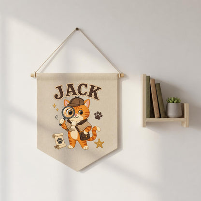 Personalized Detective Cat Linen Banner, Custom Name Embroidered Wall Hanging