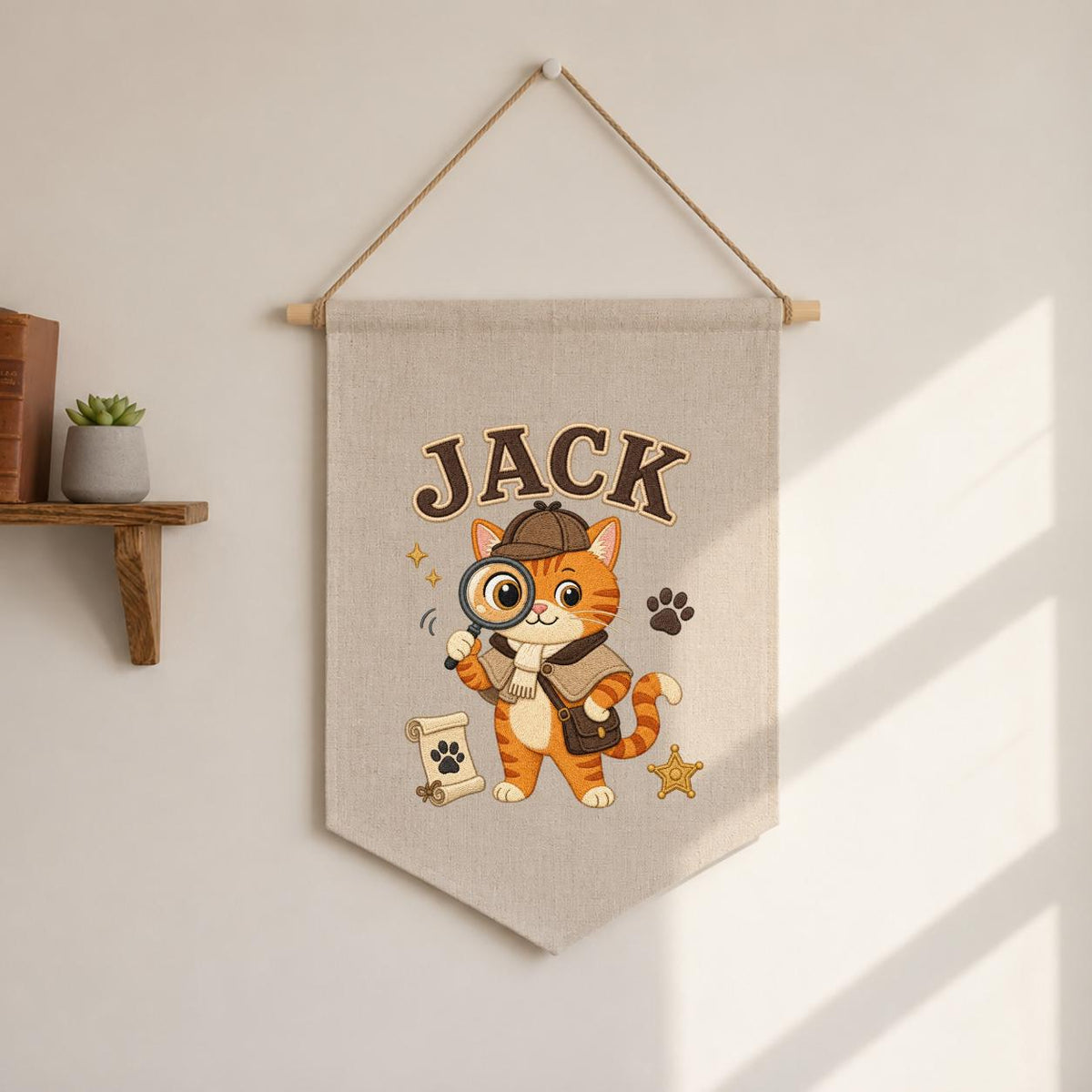 Personalized Detective Cat Linen Banner, Custom Name Embroidered Wall Hanging