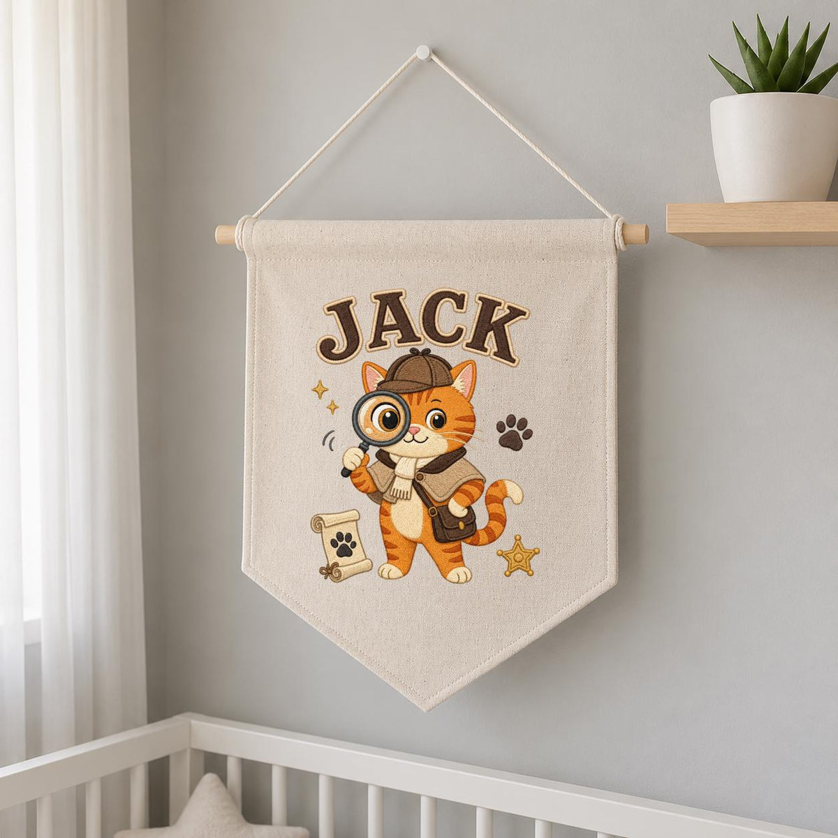 Personalized Detective Cat Linen Banner, Custom Name Embroidered Wall Hanging