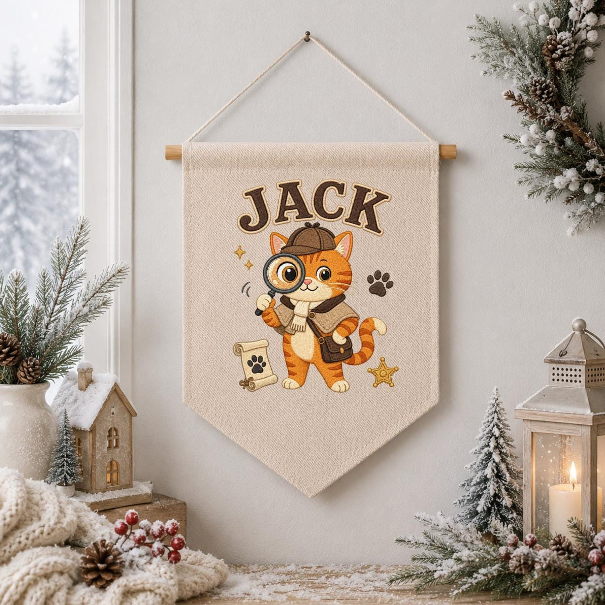 Personalized Detective Cat Linen Banner, Custom Name Embroidered Wall Hanging