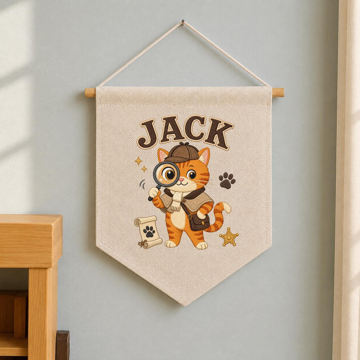 Personalized Detective Cat Linen Banner, Custom Name Embroidered Wall Hanging