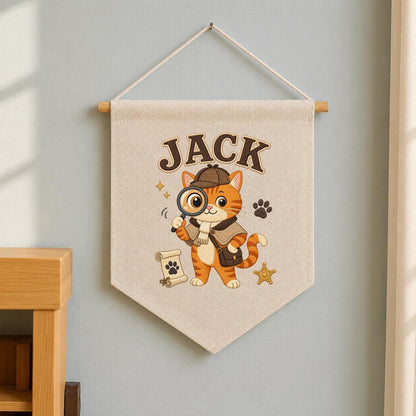 Personalized Detective Cat Linen Banner, Custom Name Embroidered Wall Hanging