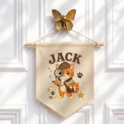 Personalized Detective Cat Linen Banner, Custom Name Embroidered Wall Hanging