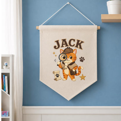 Personalized Detective Cat Linen Banner, Custom Name Embroidered Wall Hanging