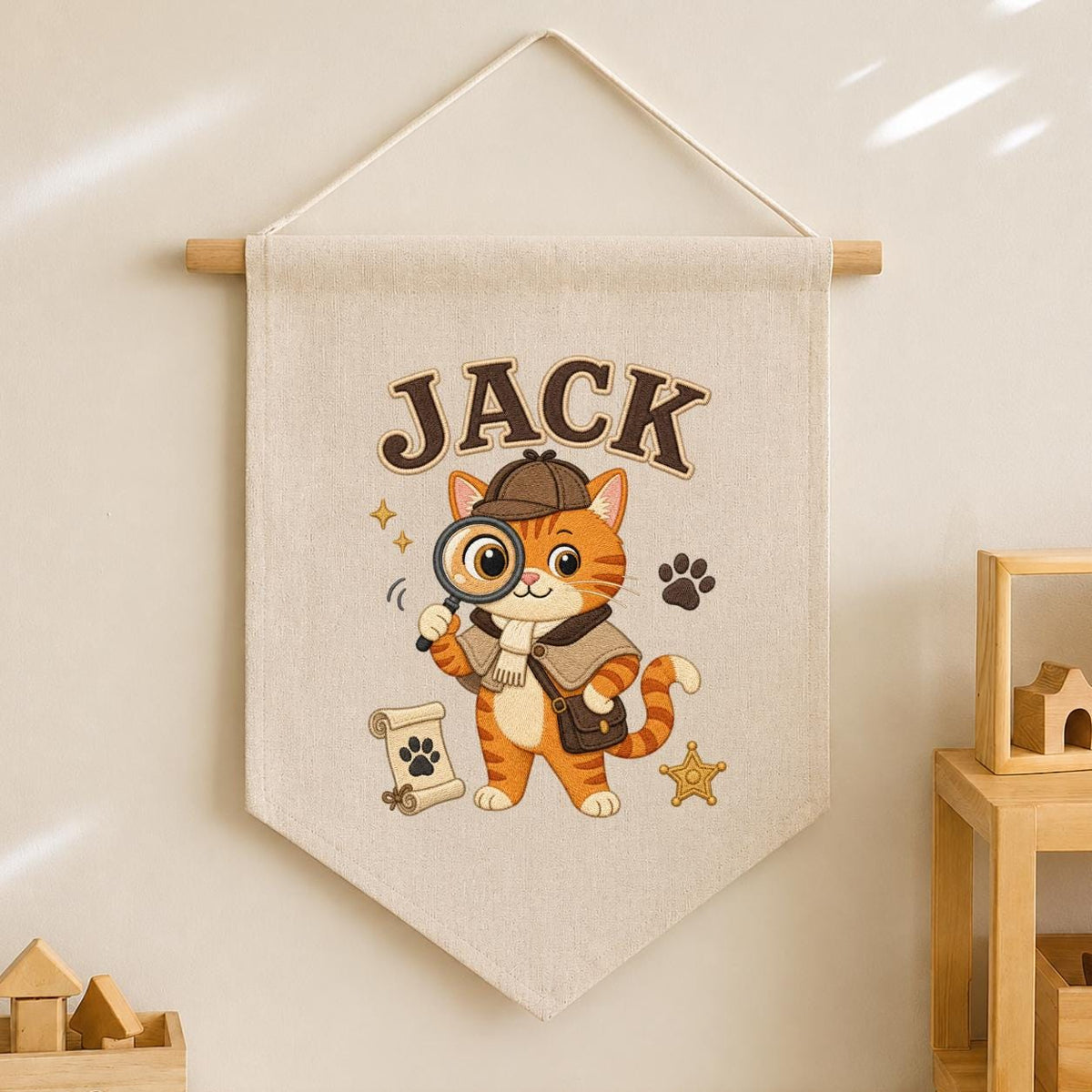 Personalized Detective Cat Linen Banner, Custom Name Embroidered Wall Hanging