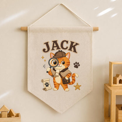 Personalized Detective Cat Linen Banner, Custom Name Embroidered Wall Hanging
