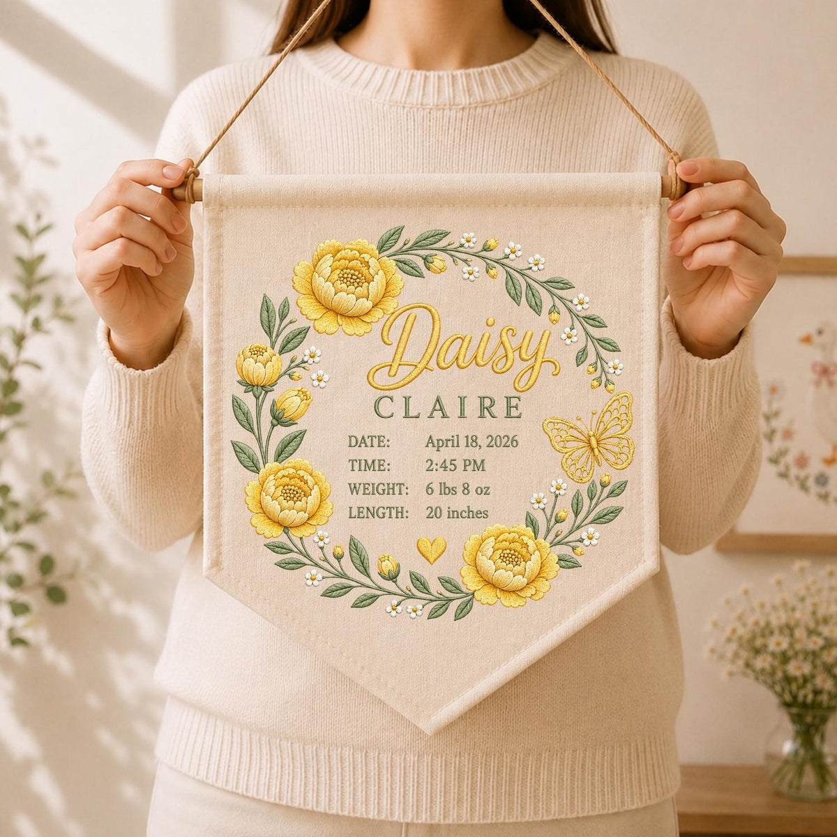 May include: A cream-colored fabric wall banner featuring a floral wreath of yellow peonies and green leaves. The text reads Daisy Claire, Date: April 18, 2026, Time: 2:45 PM, Weight: 6 lbs 8 oz, Length: 20 inches, with a yellow butterfly and heart.