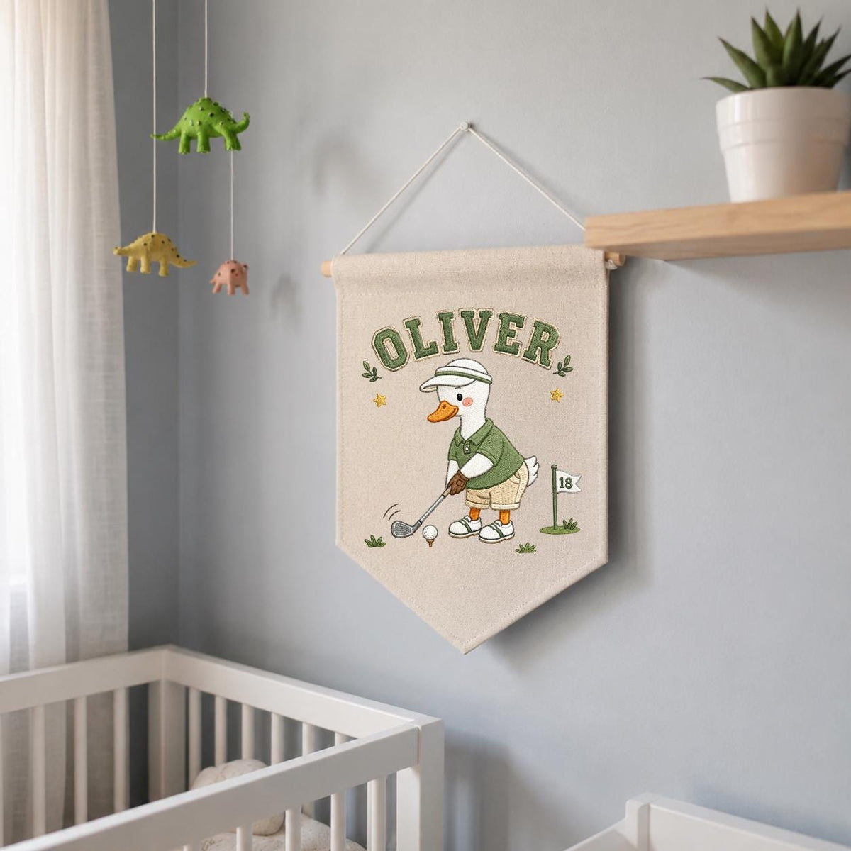 Custom Name Golfing Duck Embroidered Linen Pennant Banner, Boys Room Decor, Sports Wall Hanging