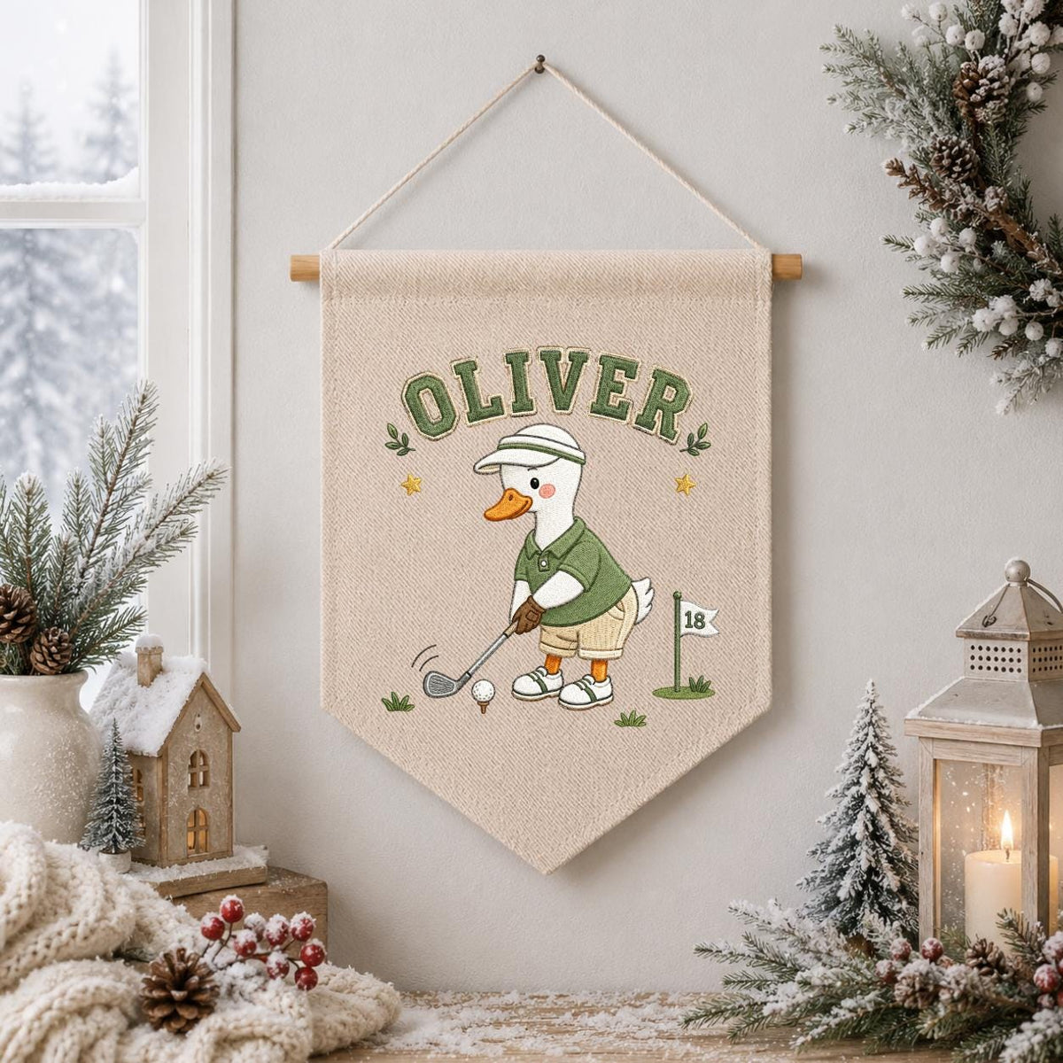 Custom Name Golfing Duck Embroidered Linen Pennant Banner, Boys Room Decor, Sports Wall Hanging