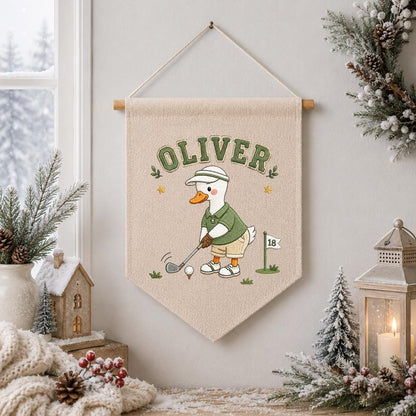 Custom Name Golfing Duck Embroidered Linen Pennant Banner, Boys Room Decor, Sports Wall Hanging