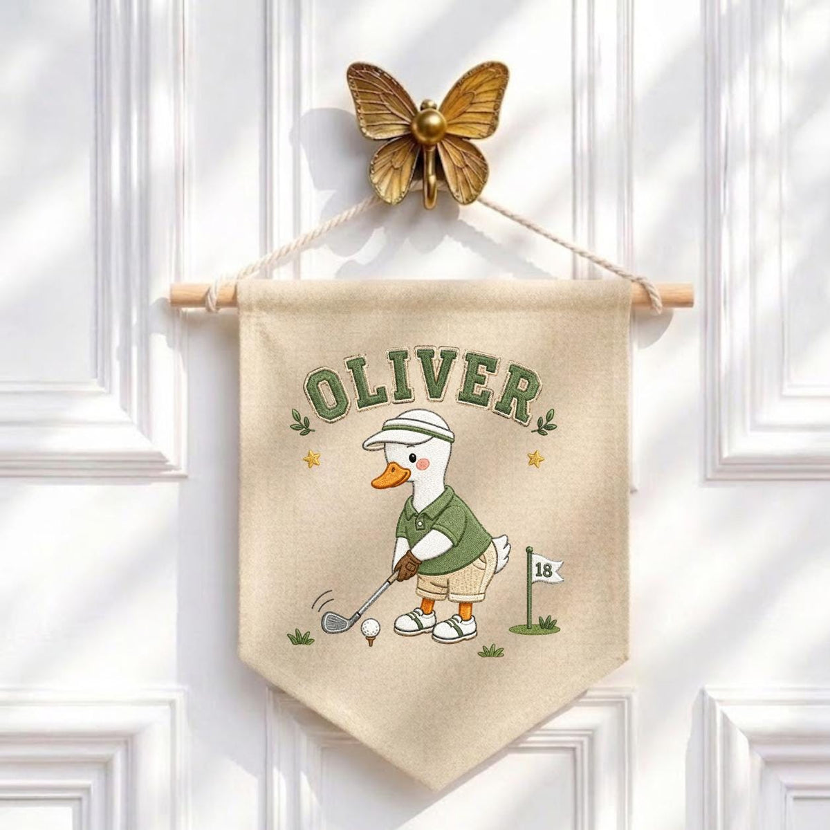 Custom Name Golfing Duck Embroidered Linen Pennant Banner, Boys Room Decor, Sports Wall Hanging
