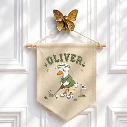 Custom Name Golfing Duck Embroidered Linen Pennant Banner, Boys Room Decor, Sports Wall Hanging