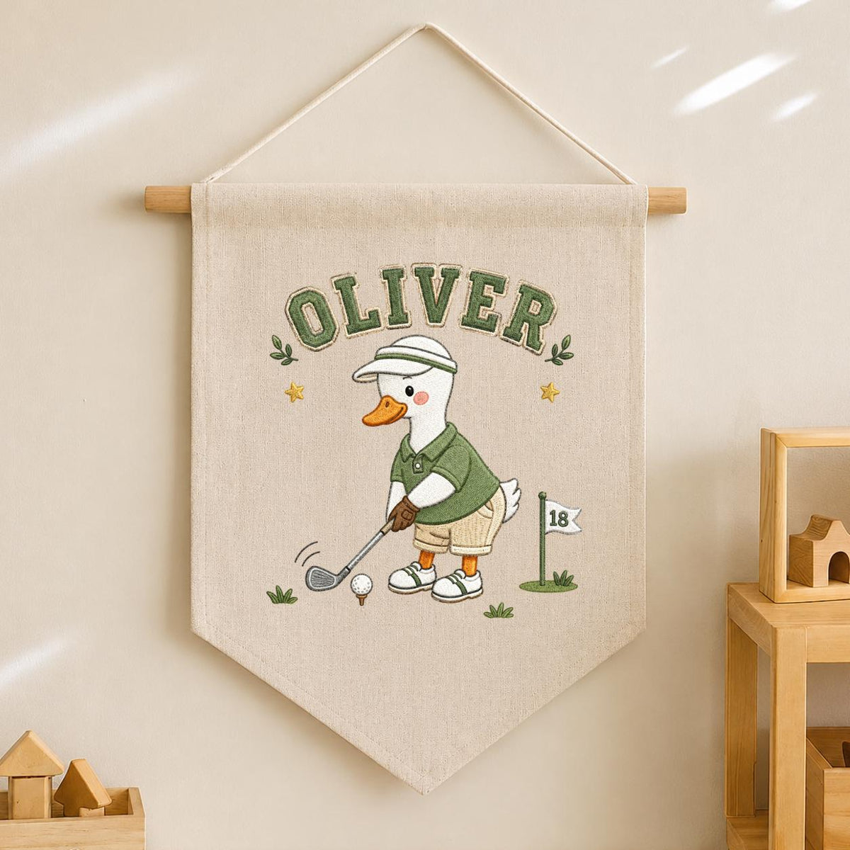 Custom Name Golfing Duck Embroidered Linen Pennant Banner, Boys Room Decor, Sports Wall Hanging