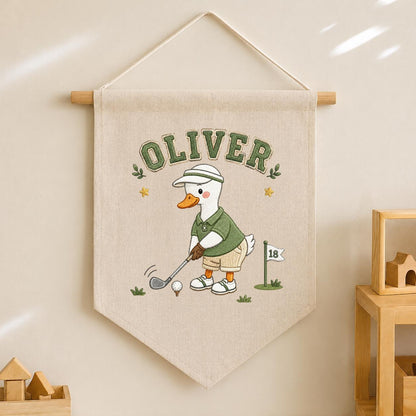 Custom Name Golfing Duck Embroidered Linen Pennant Banner, Boys Room Decor, Sports Wall Hanging