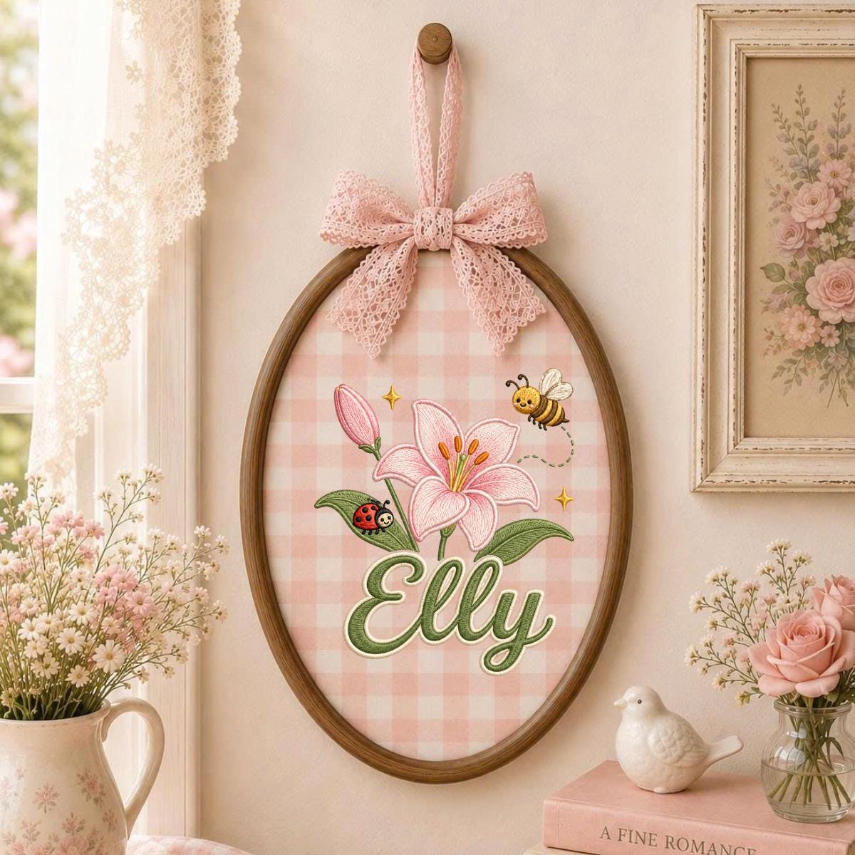 Personalized Embroidered Hoop Art, Floral Lily Bee Ladybug Name Sign
