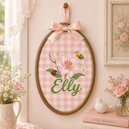 Personalized Embroidered Hoop Art, Floral Lily Bee Ladybug Name Sign